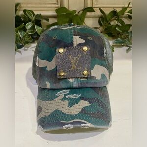 BRAND NEW WITH TAGS Upcycled Designer Patch Distressed Camo Trucker Hat